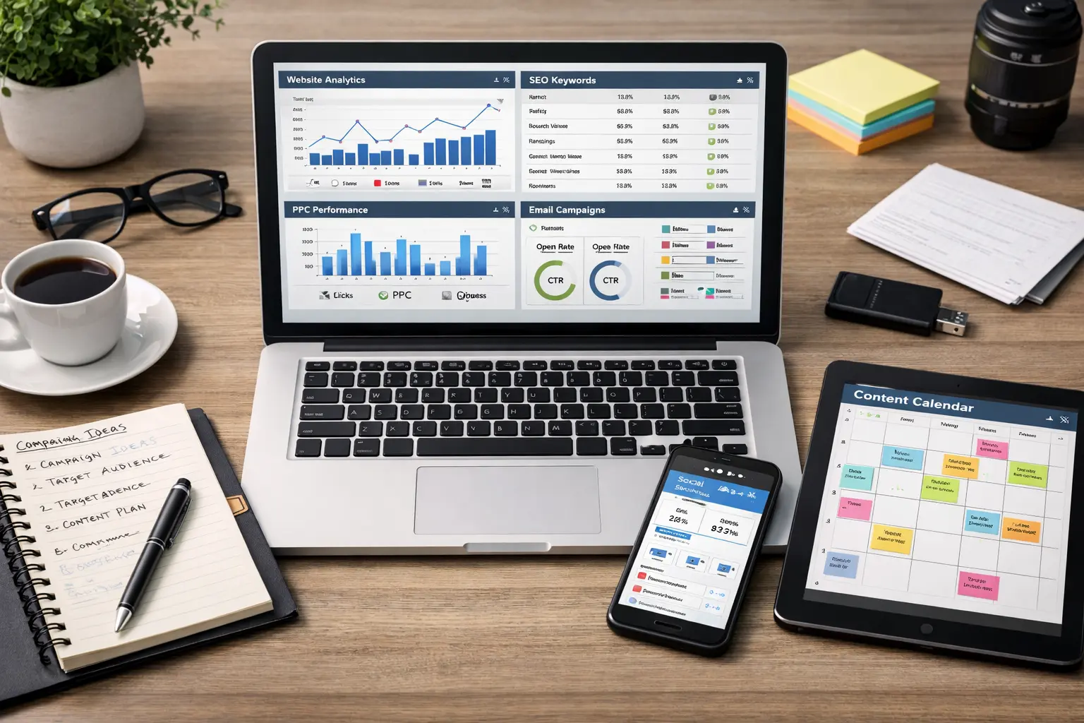 Visual breakdown of what does a digital marketer do, showing campaign management, data analysis, social media marketing, email marketing, and growth tracking.