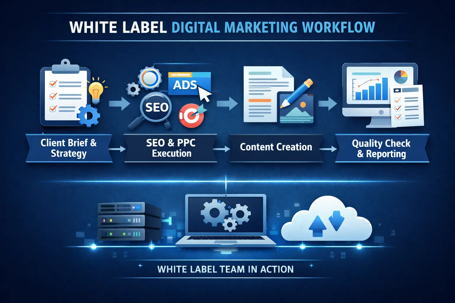 White label digital marketing workflow diagram showing agency selling services, partner executing work, and client receiving branded results.